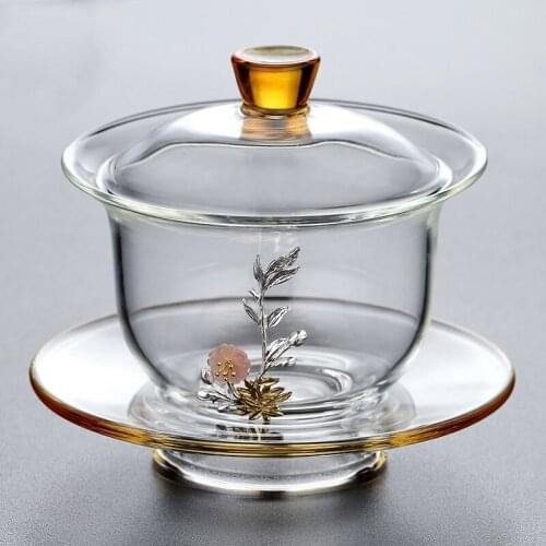 150ml Glass Tea Tureen with Silver Decoration Handmade Tea Bowl Master Cup Office Kung Fu Teaware Gaiwan Crafts As Birthday Gift