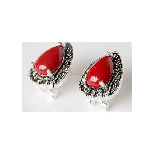 Bridal jewelry free shipping hot sellVINTAGE 925 STERLING SILVER RED CORAL MARCASITE STUD EARRINGS 15X19MM