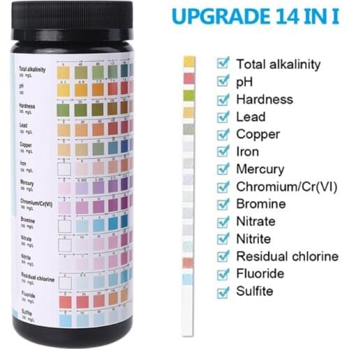 100 Pcs Upgrade 14 IN 1 Drinking Water Test Strips, Water Quality Test for Well Water Tap Water Easy Quick Detect Hardness pH