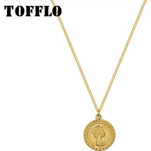TOFFLO Stainless Steel Jewelry Queen Figure Double Sided Pendant Necklace Round Embossed Female Fashion Clavicle Chain BSP1104