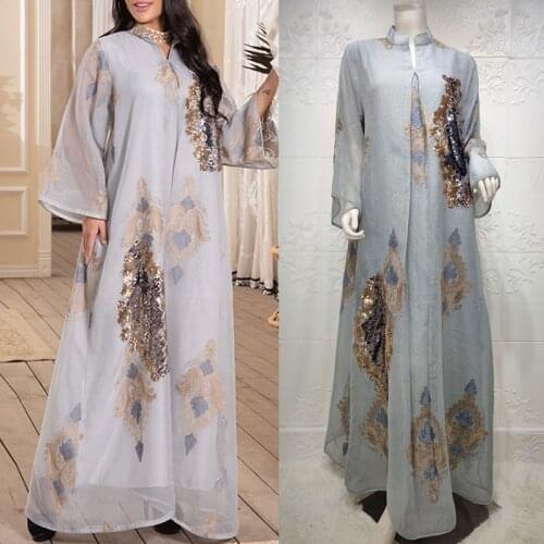 Gray Sequins Embroidery Abaya Long Dress Women Dubai Turkey Arabic Jalabiya Muslim Party Evening Dresses Plus Size Clothes Eid