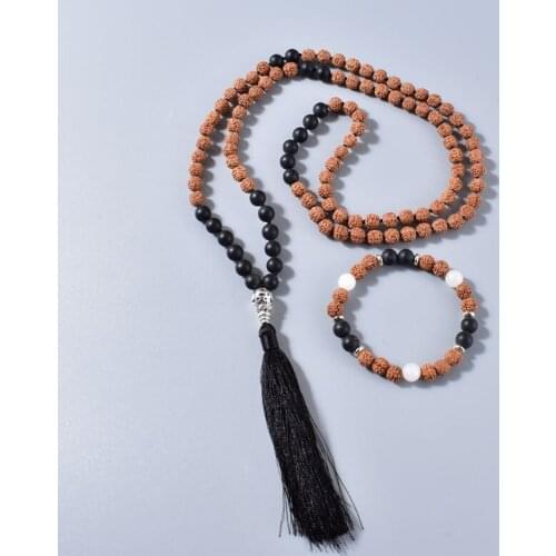 Vintage Buddhism 108 Prayer Beads Rudraksha Japamala Mala Necklace Yoga Meditation Jewelry Boho Tassel Long Necklace