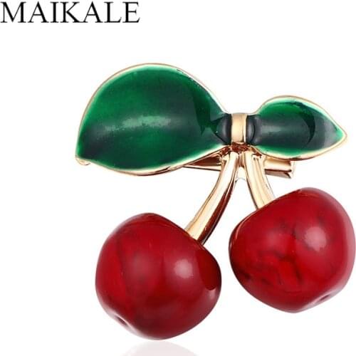 MAIKALE Charm Enamel Cherry Brooch Pins Red Green Fruits Broche Brooches for Women Kids Clothes Shawl Shirt Suit Bag Accessories