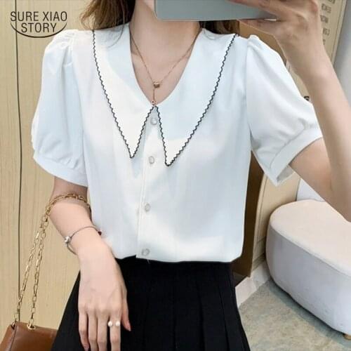 Summer 2021 New Korean Sweet Doll Collar Woman Shirt Short Sleeve Chiffon Shirt Button Plus Size Blouse Elegant Tops Women 15218