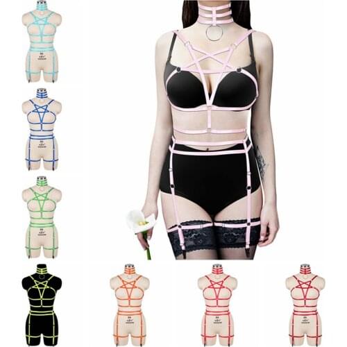 Harajuku Pentagram Harness For Women Black Elastic Adjuster Bondage Bralette Strappy Tops Pastel Goth Sexy Lingerie Set Dance
