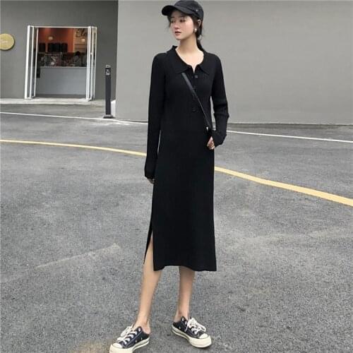 Harajuku Women Long Dress 2019 Autumn Ladies Dresses Doll Collar Single Breasted Wind Knit Maxi Dress