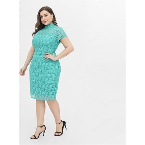 2021 Summer Plus Size Womens Elegant Temperament Cheongsam-Style Slim Lace Dress Short-Sleeved Knee-Length Soft Stitching