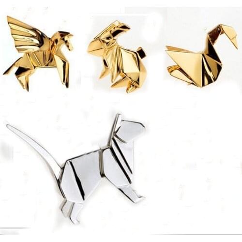10pcs/lot fashion jewelry accessories metal paper folded flexagon origami animal unicorn rabbit crane cat brooch pin