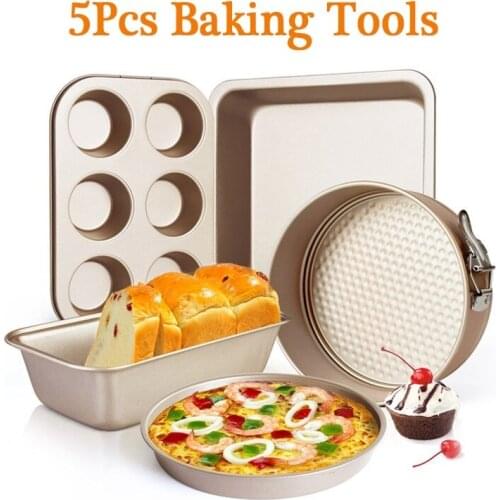 5Pcs/Set Non-stick Oven Baking Pans Set Cake Molds Square Round Pizza Tray Kitchen Bakeware