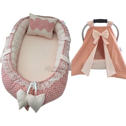 Jaju Baby Handmade, Polka Dot Pink Babynest, Stroller Cover and Stroller Cushion Set of 3