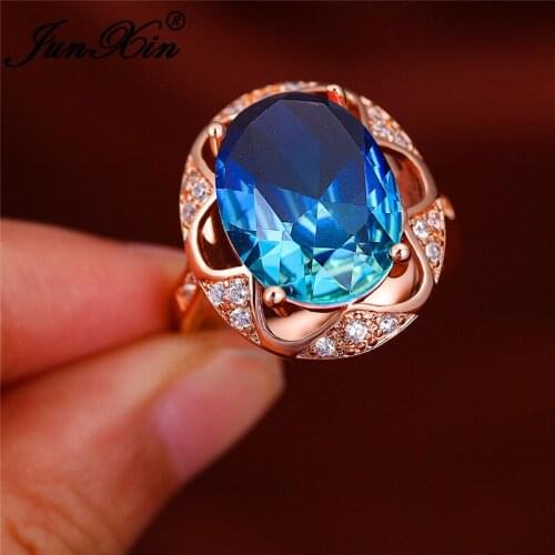 Two Tone Gradient Rose Red Green Blue Stone Big Wedding Rings For Women Rainbow Fire Crystal Engagement Ring Rose Gold Jewelry