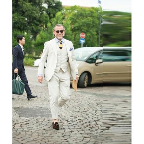 Ivory Linen Men Suits 2021 Summer Wedding Groom Wear Tuxedos 3 Pieces (Jacket+Pants+Vest) Bridegroom Suits Best Man Blazer