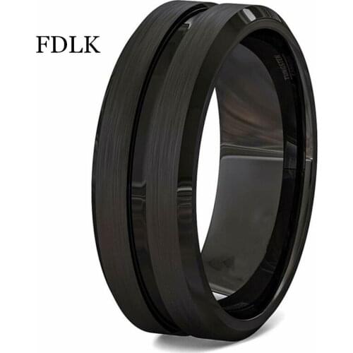 Fashion 8mm Mens Black Groove Beveled Edge Stainless Steel Ring With Zircon Single Row Silver Color Ring For Men Wedding Band