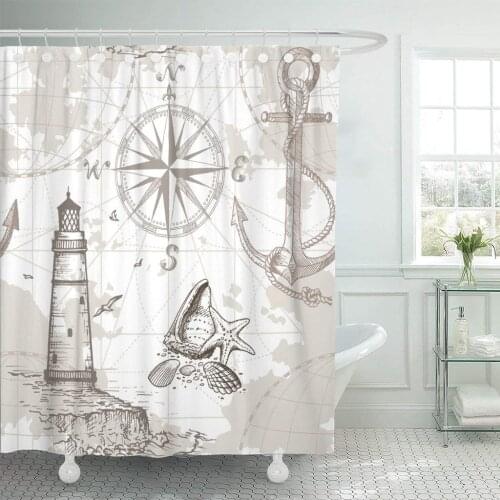 Nautical Sea Map Compass Lighthouse Anchor and Seashells Perfect Shower Curtain Waterproof Polyester Fabric 72 x 72 Inches with