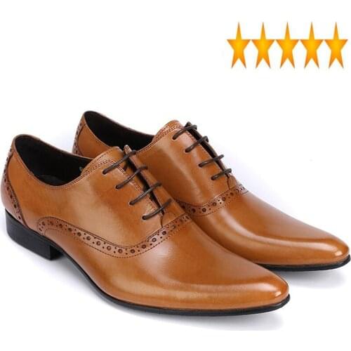 Mens Genuine Leather 2021 New Formal Brogue Man Office Party Wedding Lace Up Dress Brown British Retro Pointed Toe Shoes