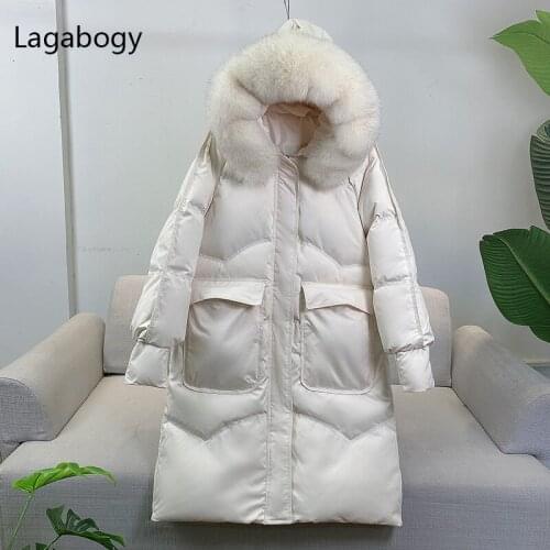 Lagabogy 2021 Winter 90% White Duck Down Coat Women Large Real Fox Fur Long Parkas Hooded Thick Puffer Jacket Loose Snow Outwear