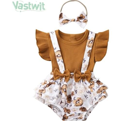 2021 New Baby Girl Clothes Solid Color Cotton Rompers and Floral Ruffles Baby Girls Suspenders Tutu Skirt Headband Newborn Sets