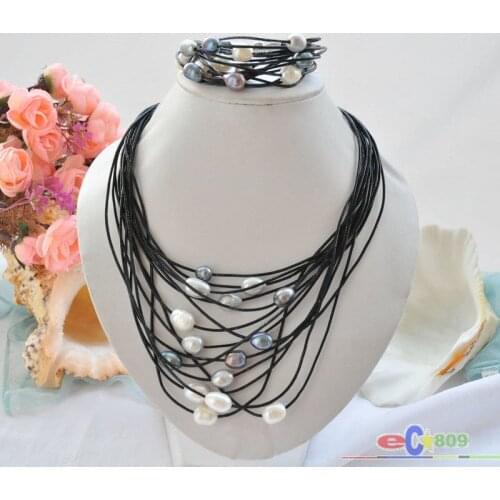 Wholesale 15row 13mm gray black white rice pearl black leather necklace & bracelet