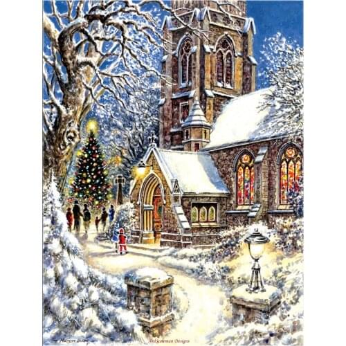 Counted Cross Stitch Kits Needlework Embroidery - Crafts 14 ct Aida DMC Color DIY Arts Handmade Home Decor - Church in the Snow