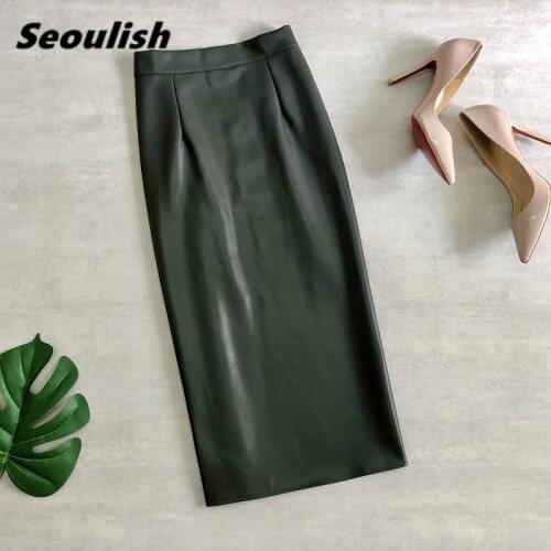 Seoulish Autumn Winter PU Faxu Leather Women Mi-long Wrap Skirts 2021 New High Waist Female Sheath Pencil Back Split Sexy Skirt