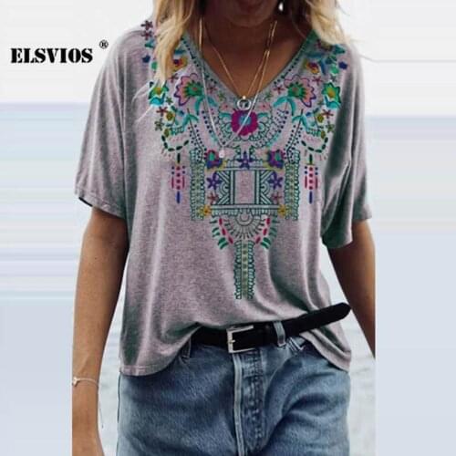 2021 Fashion Spring Summer Women New V Neck Print Ethnic Style T-shirt Casual Short Sleeves Loose Pullover Plus Size Elegant Top