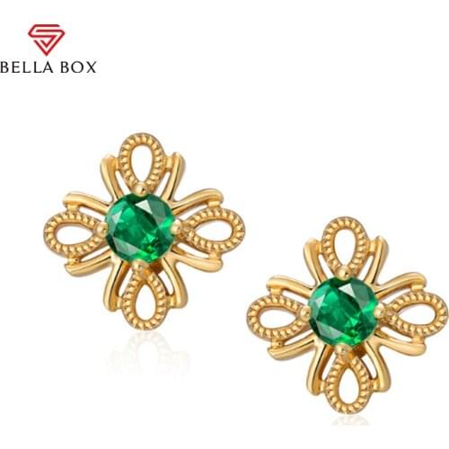 BELLA BOX Luxury Silver 925 Jewelry Stub Earrings For Charm Lady With Green Emerald Gemstone Gold Color Wedding Party Gift
