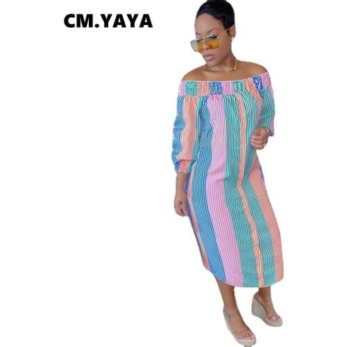 CM.YAYA Women Midi Dress Print Half Sleeve Elastic Off Shoulder Loose Straight Dresses Fashion Vestidos Casual Outfits Autumn