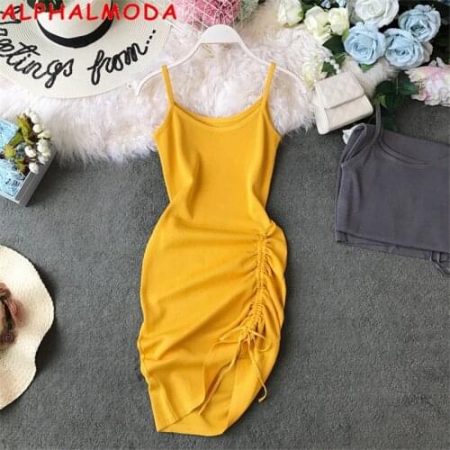 ALPHALMODA Lacing Up Women Solid Sling Knit Dress 2020 New Arrived Pullovers Slim Ladies Stylish Drawing String Dress