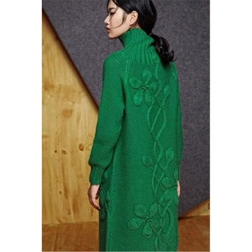 100% hand made pure merino wool thick knit women fashion long sweater dress high neck 7color retail wholesale customized