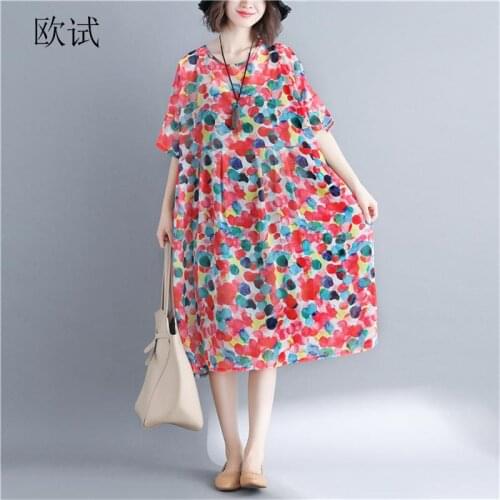 2019 Summer Polka Dot Chiffon Floral Boho Dress Women Plus Size Kawaii Dresses Casual Loose Long Bohemian Beach Dress 4XL 5XL
