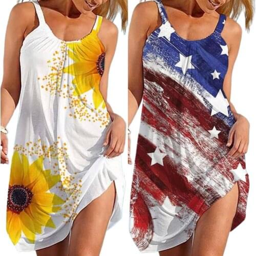 50% Hot Sales Women Sunflower Printing Sling Sleeveless U-neck Off Shoulder Mini Dress Beachwear for Beach