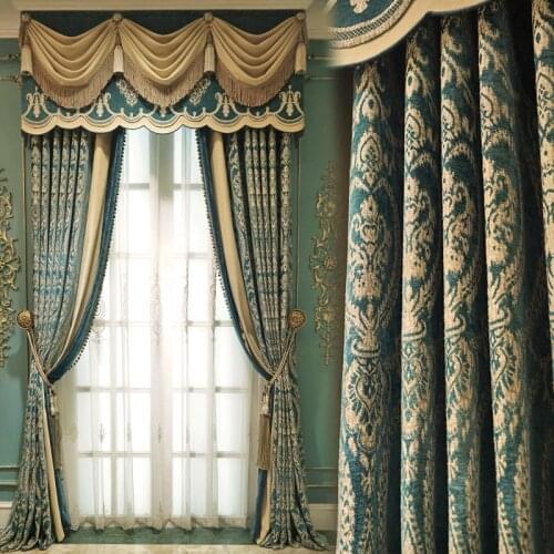 American Luxury embroidered window curtains for living room elegant European Nordic embossed floral green velvet fabric Drapes