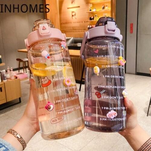 2L Fitness Sports Outdoor Straw Kids Water Bottle Portable Handle Large Capacity Stickers Ice Cold Water Jug With Time Marker