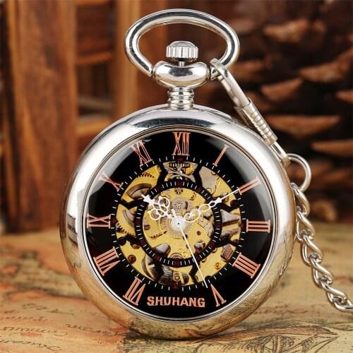 Rose Gold Roman Numerals Display Open Face Silver Mechanical Hand Winding Pocket Watch Antique Timepiece Gifts Male