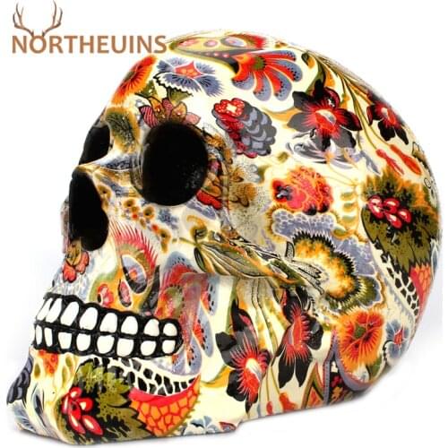 NORTHEUINS Colorful Resin Skeleton Skull Statues Creative Figurines for Interior Home Decoration Accessories for The Living Room