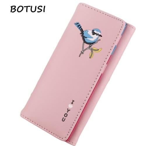 BOTUSI Bird Long PU Leather Women Wallet Female Purse Coin Pocket Credit Card Holder Lady Clutch Money Bag Phone Hasp Fashion