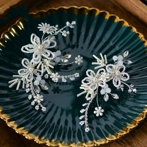 NiuShuya Elegant Handmade European Brides Barrette White Flower Tiaras Crystals Wedding Hairbands Prom Headdress Accessories