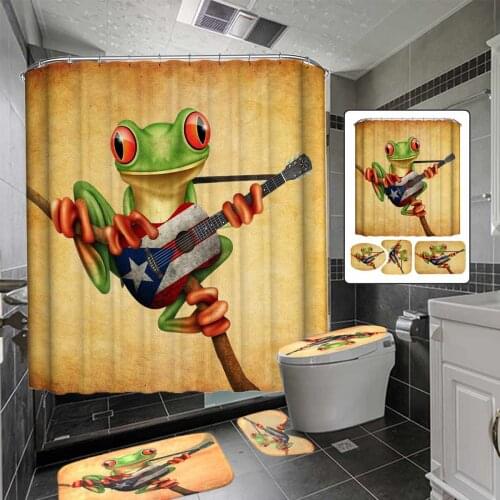 Polyester Bathroom Set Animal Frog Playing Guitar Bath Shower Curtain Waterproof Toilet Seat Cover Non-slip Bath Mat Carpet Rug