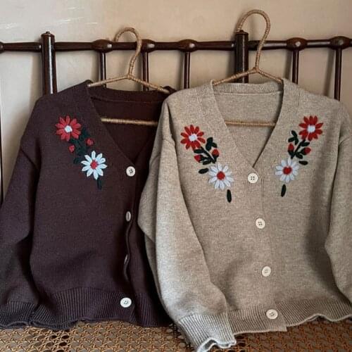Korean Children Sweaters 2021 Autumn New Girls and Boys Solid Color Embroidery Cardigan Sweater Kids Clothes