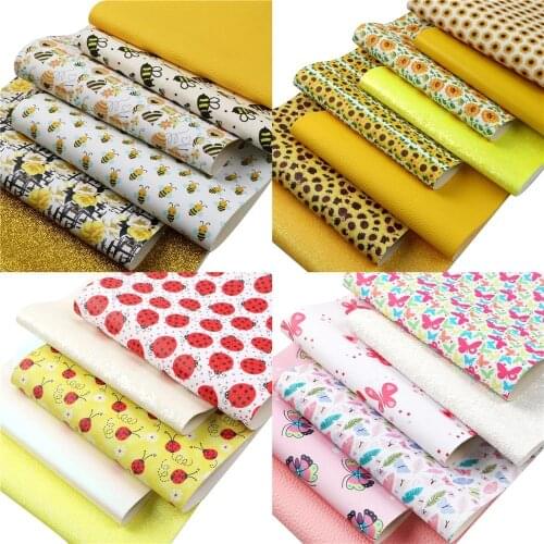 Spring Theme Faux Leather Set Sheets Floral Bee Butterfly Printed Chunky Glitter Synthetic Leather Fabric 20x33cm for DIY Bows
