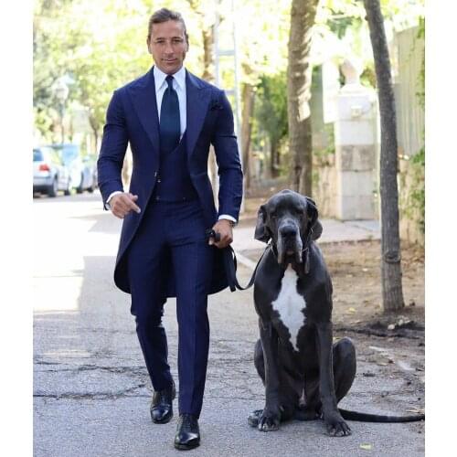 Jacket+Pants+Vest) Fashion Classic Navy Blue Peak Lapel Tuxedo Beach Wedding Man Suit 3 Piece Formal Man Blazer Custom Made