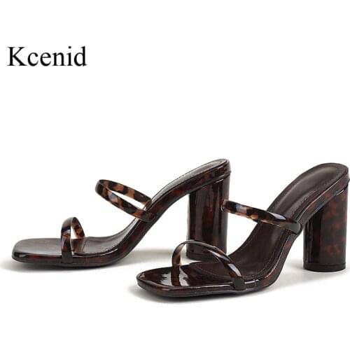 Kcenid Shiny Mixed Color High Heels Summer Womens Sandals 2021 Square Toe Slip On Slides Shoes Female Concise Slippers New