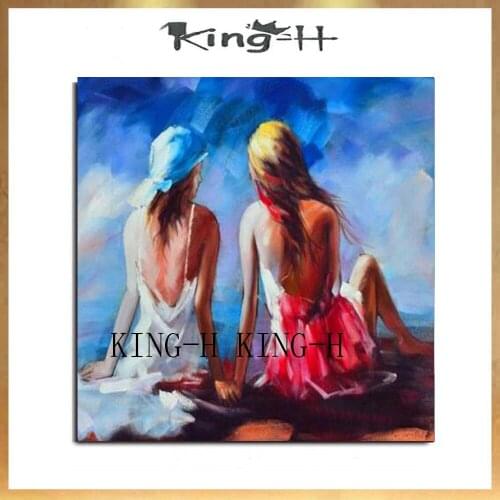 Modern figure oil painting on canvas top artists hand-painted beautiful couples happy woman on the beach sweet landscape