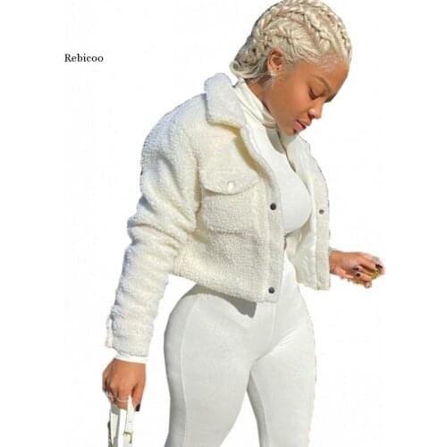 Solid Color Lamb Wool Winter Jacket Coat Women Turn Down Collar Slim Outerwear 2021 Fashion New Streetwear Pocket Fleece Jackets