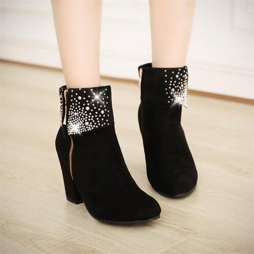 PXELENA New Autumn Winter Boots Women Thick Chunky Block High Heel Ankle Boots Faux Suede Crystal Fashion Ladies Shoes Plus Size
