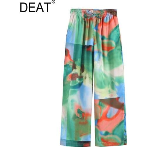 [DEAT] Women Wide Leg Pants High Waist Tie Dye Printing Loose Casual Autumn Spring New 2021 Tide Fashion 13C088