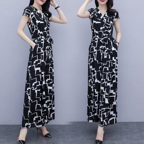 New Womens Jumpsuit Summer Fashion Print Chiffon Black Short Sleeve High Waist Wide Leg Pants Chic Office Lady Coveralls Y274