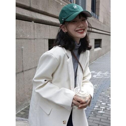 Women Vintage Corduroy Blazers Beige Brown Loose Single Breasted Suits 2021 Woman Office Work Blazer Warm Clothing Spring Autumn