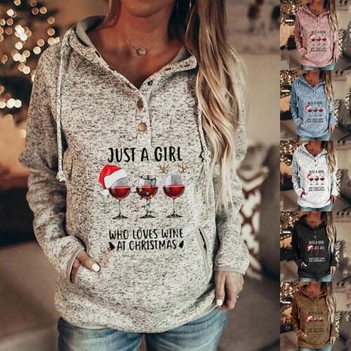 Winter Women Casual Christmas Hooded Long Sleeves Buttons Collar With Pockets Sweatshirt Adjustable Hat Drawstring Pullover Tops