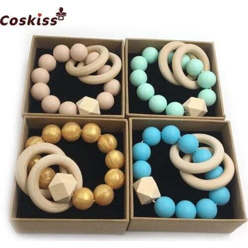 4pcs Baby Teether Nursing Bracelet Food Grade Silicone Beads Wooden Rings Teether Nature Safe Organic Infant Bangle Teether Toys